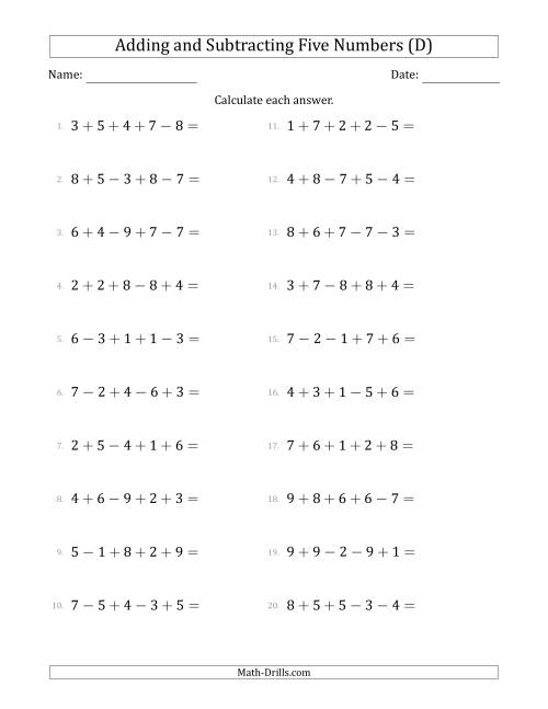 The Adding and Subtracting Five Numbers Horizontally (Range 1 to 9) (D) Math Worksheet