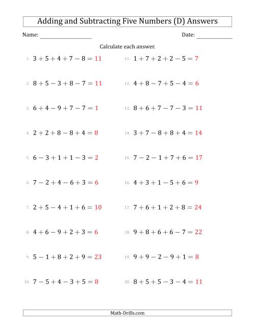 The Adding and Subtracting Five Numbers Horizontally (Range 1 to 9) (D) Math Worksheet Page 2
