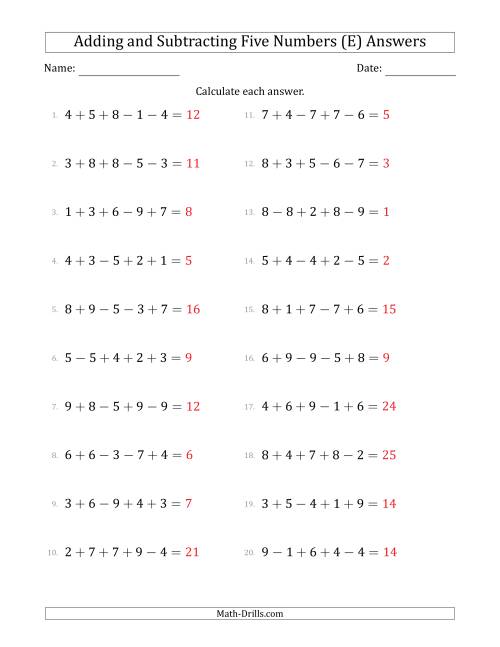 The Adding and Subtracting Five Numbers Horizontally (Range 1 to 9) (E) Math Worksheet Page 2