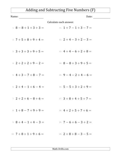 The Adding and Subtracting Five Numbers Horizontally (Range 1 to 9) (F) Math Worksheet