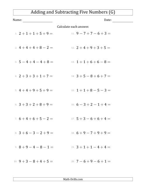 The Adding and Subtracting Five Numbers Horizontally (Range 1 to 9) (G) Math Worksheet