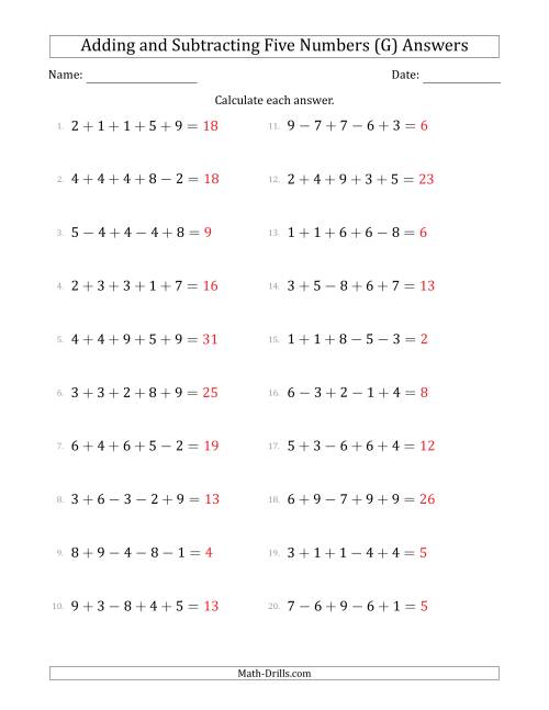 The Adding and Subtracting Five Numbers Horizontally (Range 1 to 9) (G) Math Worksheet Page 2