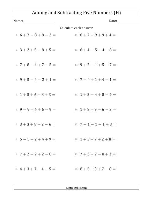 The Adding and Subtracting Five Numbers Horizontally (Range 1 to 9) (H) Math Worksheet