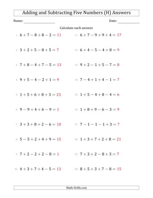 The Adding and Subtracting Five Numbers Horizontally (Range 1 to 9) (H) Math Worksheet Page 2