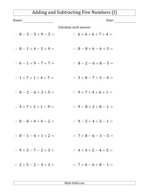 The Adding and Subtracting Five Numbers Horizontally (Range 1 to 9) (I) Math Worksheet