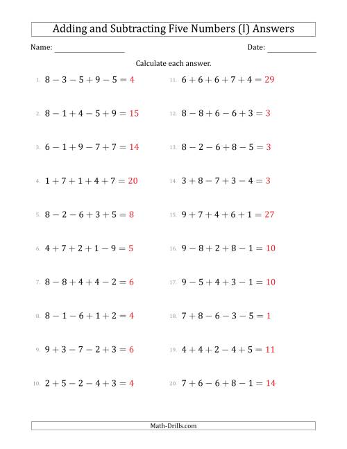 The Adding and Subtracting Five Numbers Horizontally (Range 1 to 9) (I) Math Worksheet Page 2