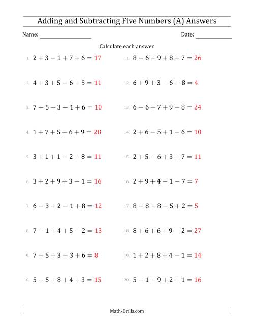 The Adding and Subtracting Five Numbers Horizontally (Range 1 to 9) (All) Math Worksheet Page 2