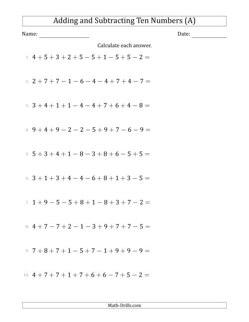 The Adding and Subtracting Ten Numbers Horizontally (Range 1 to 9) (A) Math Worksheet