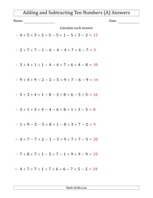 The Adding and Subtracting Ten Numbers Horizontally (Range 1 to 9) (A) Math Worksheet Page 2