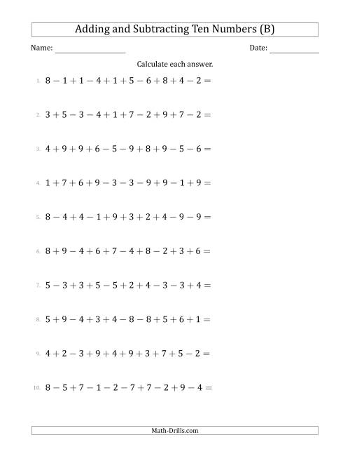 The Adding and Subtracting Ten Numbers Horizontally (Range 1 to 9) (B) Math Worksheet