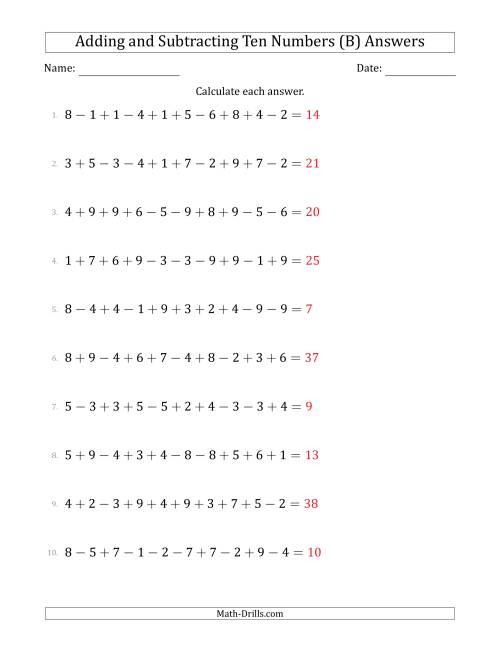 The Adding and Subtracting Ten Numbers Horizontally (Range 1 to 9) (B) Math Worksheet Page 2