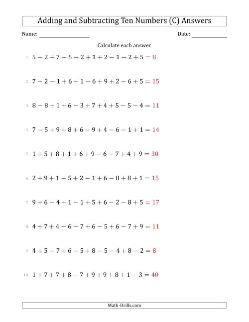The Adding and Subtracting Ten Numbers Horizontally (Range 1 to 9) (C) Math Worksheet Page 2
