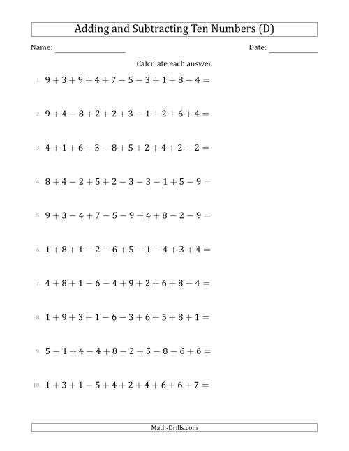 The Adding and Subtracting Ten Numbers Horizontally (Range 1 to 9) (D) Math Worksheet