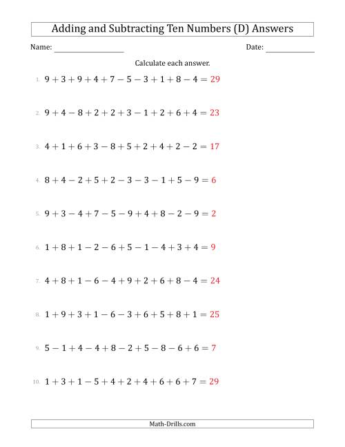 The Adding and Subtracting Ten Numbers Horizontally (Range 1 to 9) (D) Math Worksheet Page 2