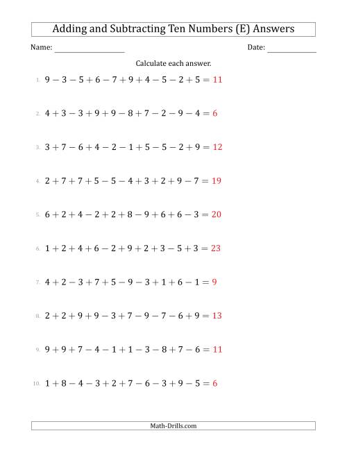 The Adding and Subtracting Ten Numbers Horizontally (Range 1 to 9) (E) Math Worksheet Page 2