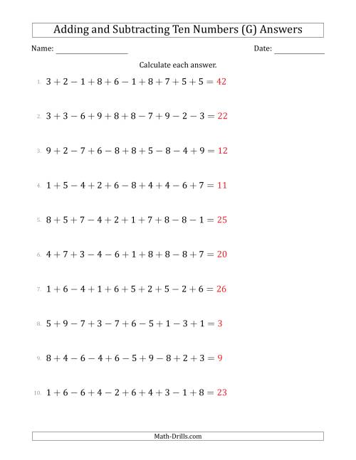 The Adding and Subtracting Ten Numbers Horizontally (Range 1 to 9) (G) Math Worksheet Page 2