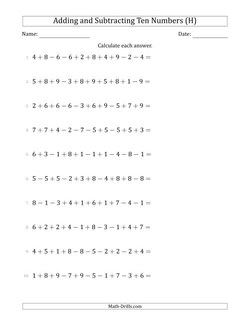 The Adding and Subtracting Ten Numbers Horizontally (Range 1 to 9) (H) Math Worksheet