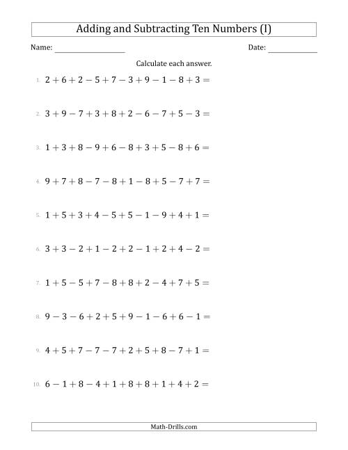 The Adding and Subtracting Ten Numbers Horizontally (Range 1 to 9) (I) Math Worksheet
