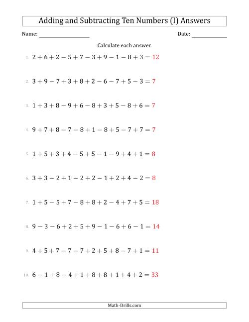 The Adding and Subtracting Ten Numbers Horizontally (Range 1 to 9) (I) Math Worksheet Page 2