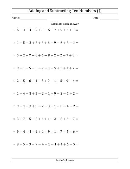 The Adding and Subtracting Ten Numbers Horizontally (Range 1 to 9) (J) Math Worksheet