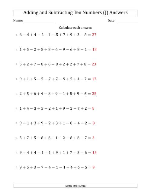 The Adding and Subtracting Ten Numbers Horizontally (Range 1 to 9) (J) Math Worksheet Page 2