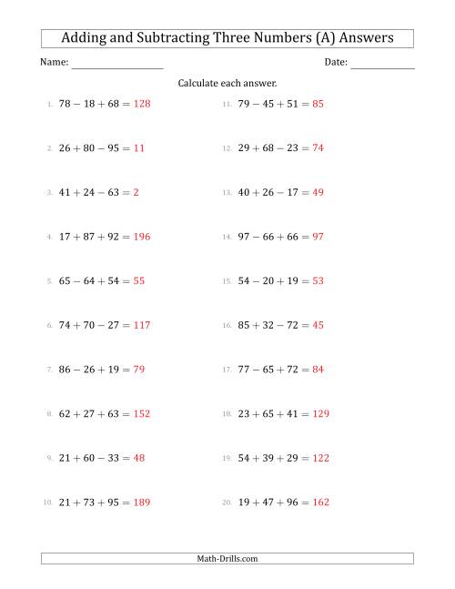 The Adding and Subtracting Three Numbers Horizontally (Range 10 to 99) (A) Math Worksheet Page 2