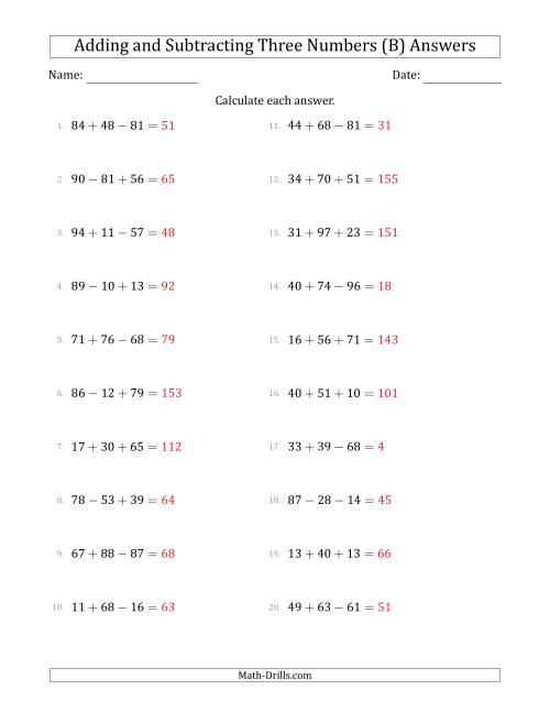 The Adding and Subtracting Three Numbers Horizontally (Range 10 to 99) (B) Math Worksheet Page 2