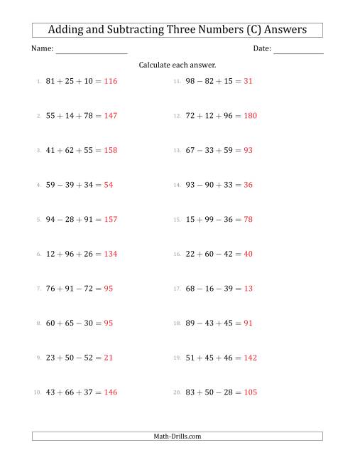 The Adding and Subtracting Three Numbers Horizontally (Range 10 to 99) (C) Math Worksheet Page 2