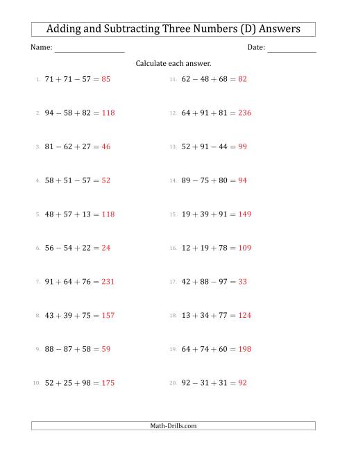 The Adding and Subtracting Three Numbers Horizontally (Range 10 to 99) (D) Math Worksheet Page 2