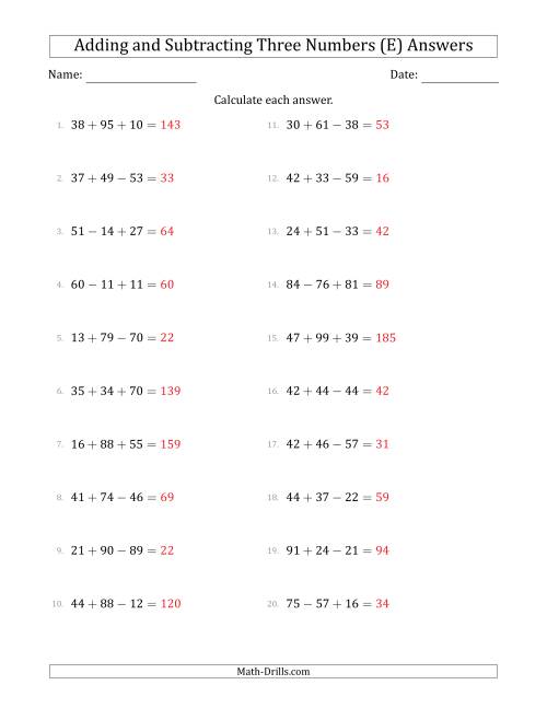 The Adding and Subtracting Three Numbers Horizontally (Range 10 to 99) (E) Math Worksheet Page 2
