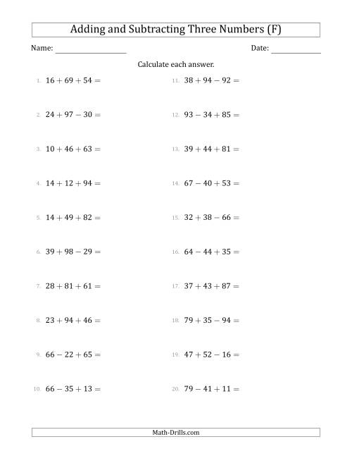 The Adding and Subtracting Three Numbers Horizontally (Range 10 to 99) (F) Math Worksheet