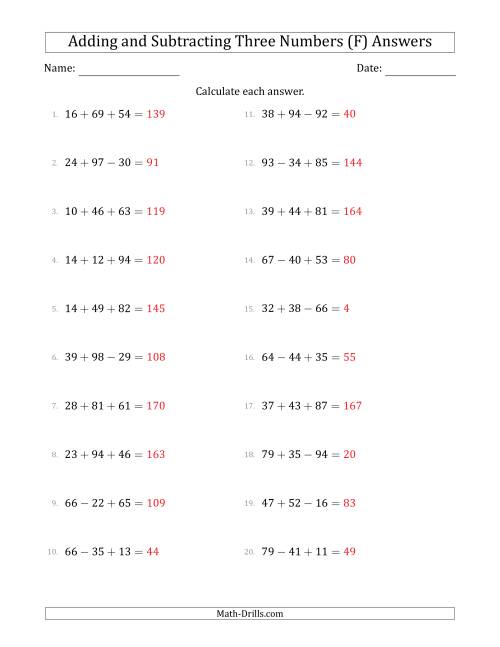 The Adding and Subtracting Three Numbers Horizontally (Range 10 to 99) (F) Math Worksheet Page 2