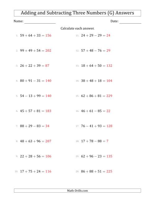 The Adding and Subtracting Three Numbers Horizontally (Range 10 to 99) (G) Math Worksheet Page 2