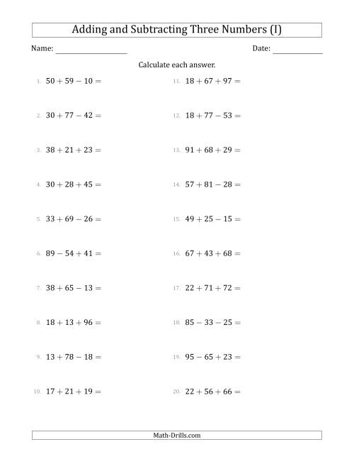 The Adding and Subtracting Three Numbers Horizontally (Range 10 to 99) (I) Math Worksheet
