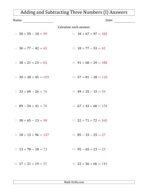 The Adding and Subtracting Three Numbers Horizontally (Range 10 to 99) (I) Math Worksheet Page 2