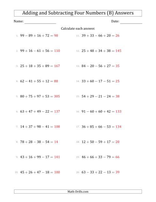 The Adding and Subtracting Four Numbers Horizontally (Range 10 to 99) (B) Math Worksheet Page 2