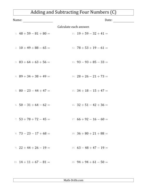 The Adding and Subtracting Four Numbers Horizontally (Range 10 to 99) (C) Math Worksheet