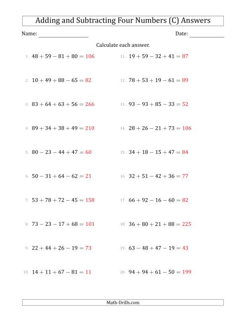 The Adding and Subtracting Four Numbers Horizontally (Range 10 to 99) (C) Math Worksheet Page 2
