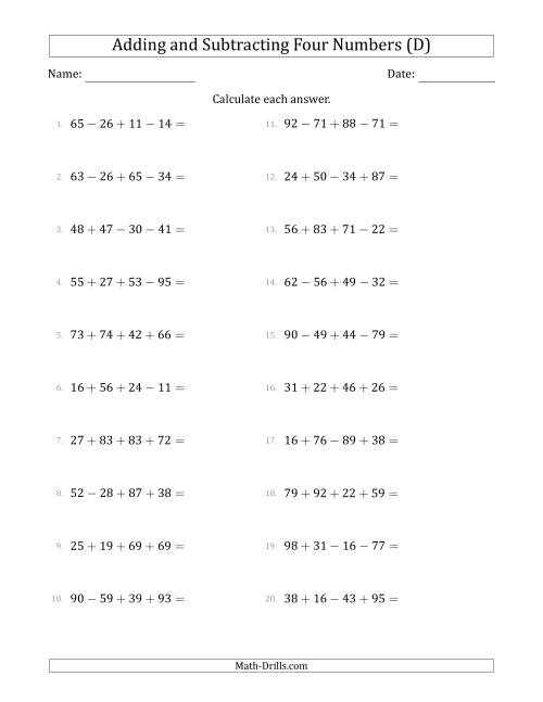 The Adding and Subtracting Four Numbers Horizontally (Range 10 to 99) (D) Math Worksheet