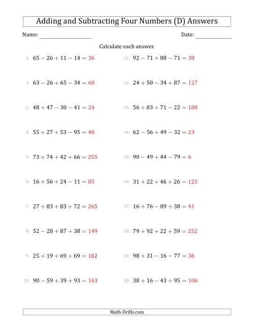 The Adding and Subtracting Four Numbers Horizontally (Range 10 to 99) (D) Math Worksheet Page 2