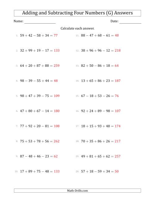 The Adding and Subtracting Four Numbers Horizontally (Range 10 to 99) (G) Math Worksheet Page 2