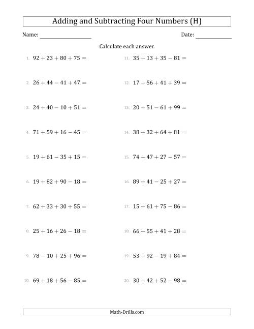 The Adding and Subtracting Four Numbers Horizontally (Range 10 to 99) (H) Math Worksheet