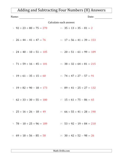 The Adding and Subtracting Four Numbers Horizontally (Range 10 to 99) (H) Math Worksheet Page 2