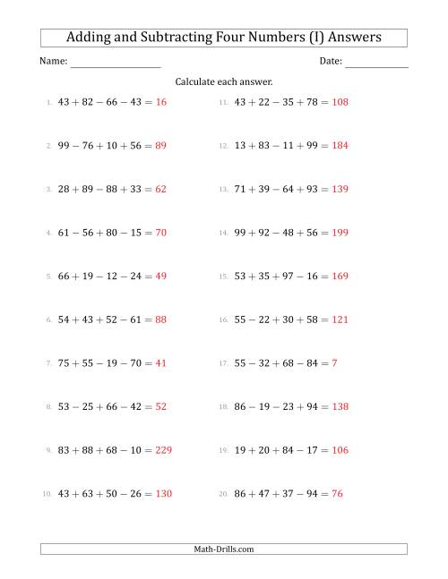 The Adding and Subtracting Four Numbers Horizontally (Range 10 to 99) (I) Math Worksheet Page 2