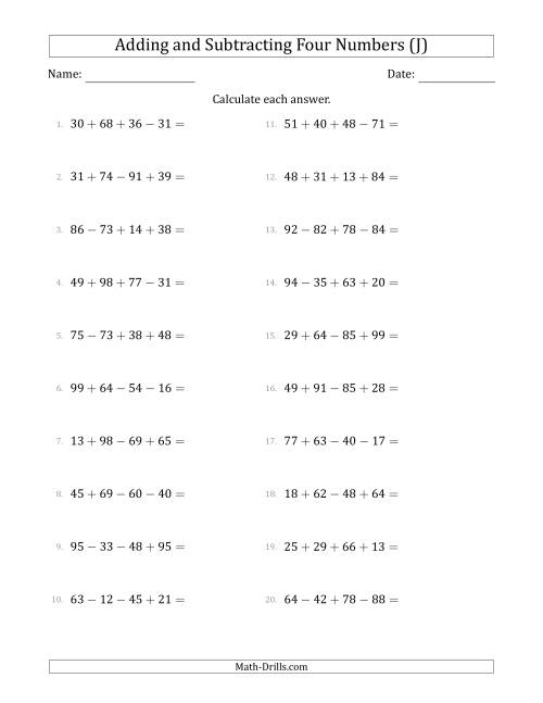 The Adding and Subtracting Four Numbers Horizontally (Range 10 to 99) (J) Math Worksheet