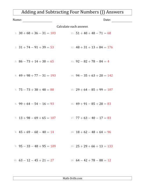 The Adding and Subtracting Four Numbers Horizontally (Range 10 to 99) (J) Math Worksheet Page 2