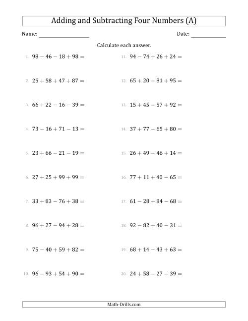 The Adding and Subtracting Four Numbers Horizontally (Range 10 to 99) (All) Math Worksheet