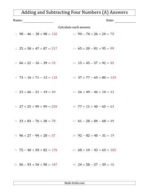 The Adding and Subtracting Four Numbers Horizontally (Range 10 to 99) (All) Math Worksheet Page 2