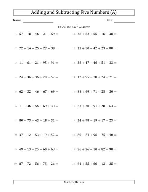 The Adding and Subtracting Five Numbers Horizontally (Range 10 to 99) (A) Math Worksheet
