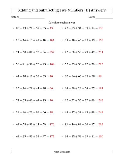 The Adding and Subtracting Five Numbers Horizontally (Range 10 to 99) (B) Math Worksheet Page 2